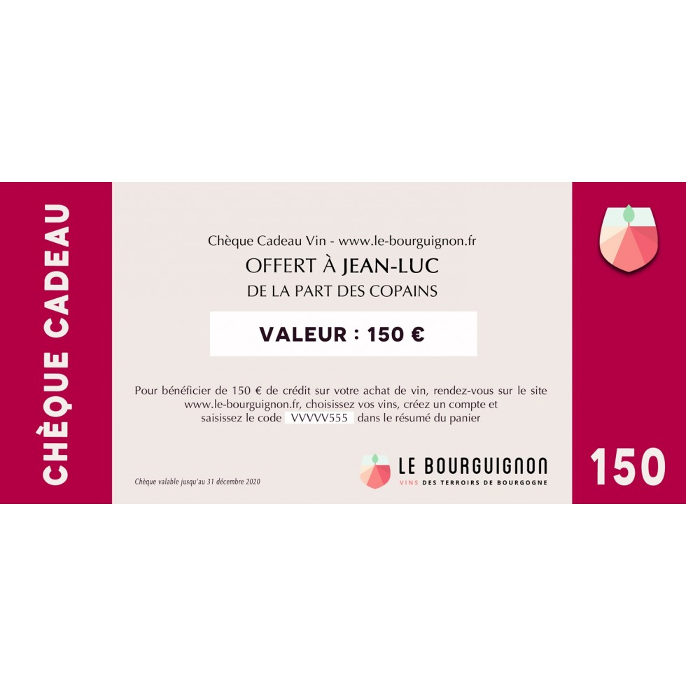 Chèque cadeaux - Bon d'achat vin d'une valeur de 150 €